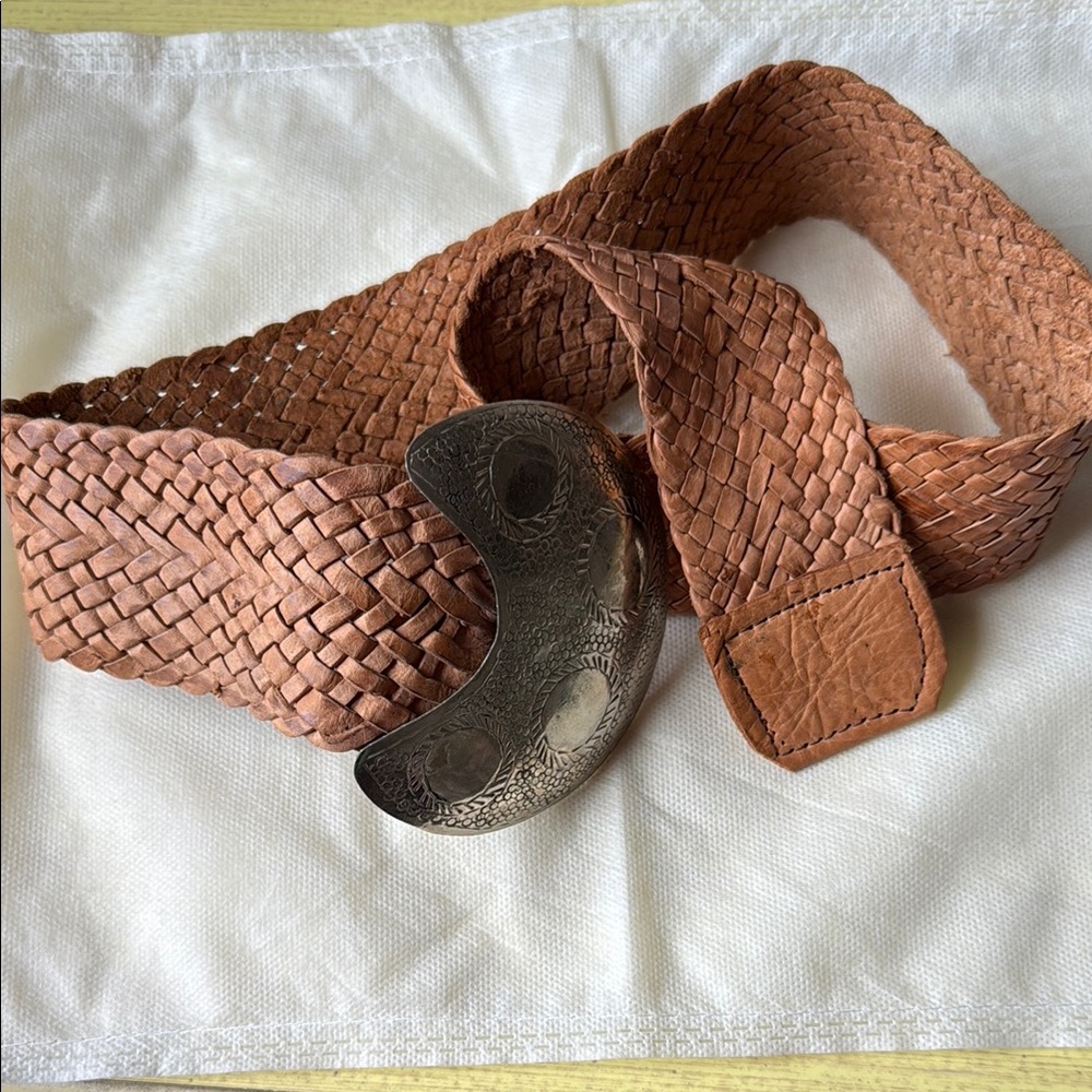 Vintage Hand Woven Moroccan Leather Belt with Etched Metal Buckle
